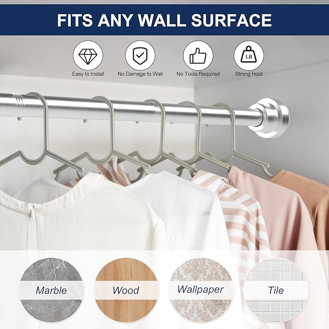 No Drilling Closet Rod, 27.5-39 Inches Hanging Closet Rod for Clothes, Closet Bar & Pole Heavy-duty, Closet Rods for Hanging Clothes For Closet Wardrobes Bathroom Laundry RV Curtains,Nickel
