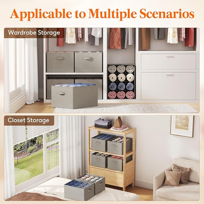 Lifewit Jeans Organizer for Closet, Large Size Pants Storage Bins 12 Cell, Foldable Clothes Drawer Organizer for Sweater, Towel, T-shirts, Dress, Stackable Wardrobe Shelf Dividers Box, 3 Packs