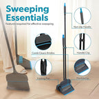 BLACK+DECKER Butler Broom & Dustpan Set - Short Handle, Stand-Up Design - Lightweight, Space-Saving Combo for Kitchen, Living Room, Bathroom, Lobby Floors - Home Cleaning Essential, Black/Blue