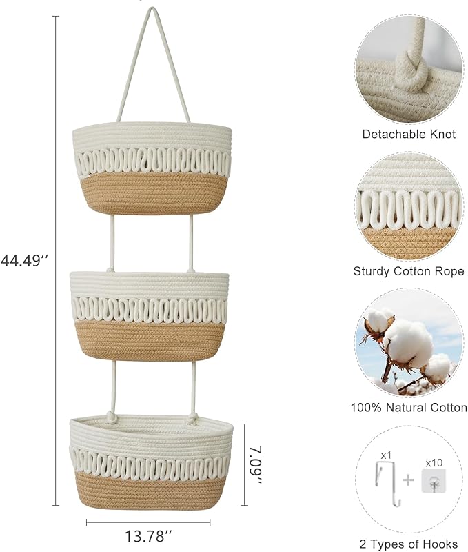 danpinera Over the Door Hanging Baskets for Organizing, 3-Tier Hanging Wall Basket for Storage, Woven Cotton Rope Baskets Storage Decorative for Nursery, Bedroom, Living Room, Kitchen, White & Jute