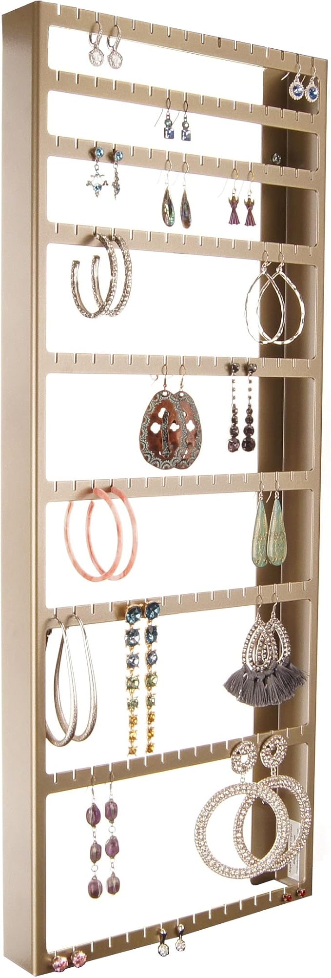 Angelynn's Wall Mounted Big and Small Earring Holder Organizer Display Long Post Stud Large Dangle Hoop Pierced Earrings, Hanging Closet Jewelry Storage Rack, Mary Satin Nickel Silver 9"x23"