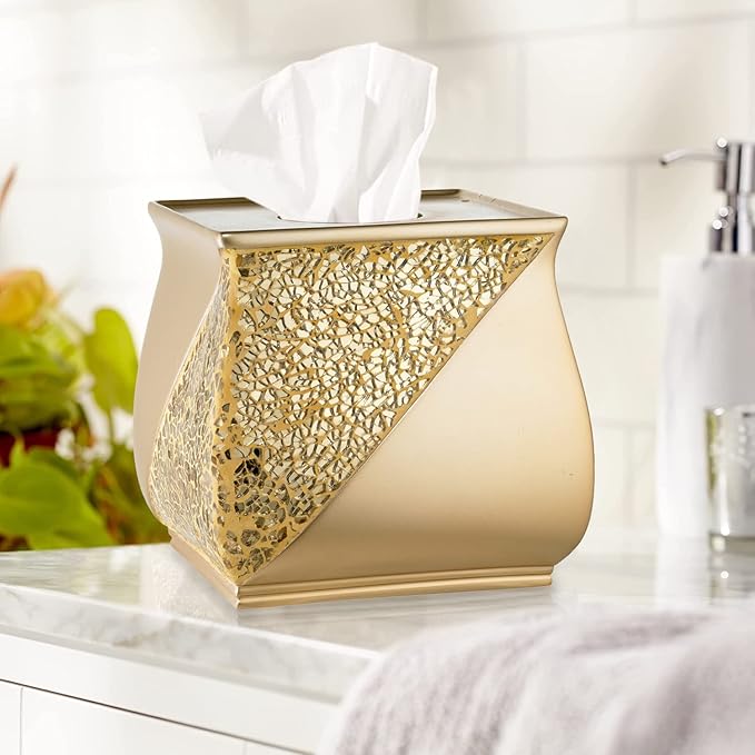 Zahari Home 2pc Sinatra Modern Bath Accessories Set Waste Basket & Tissue Box Champagne Gold Modern Decorative Beautiful Designs Bathroom Decor Set for Home Luxury Bath Set Mosaic Glass