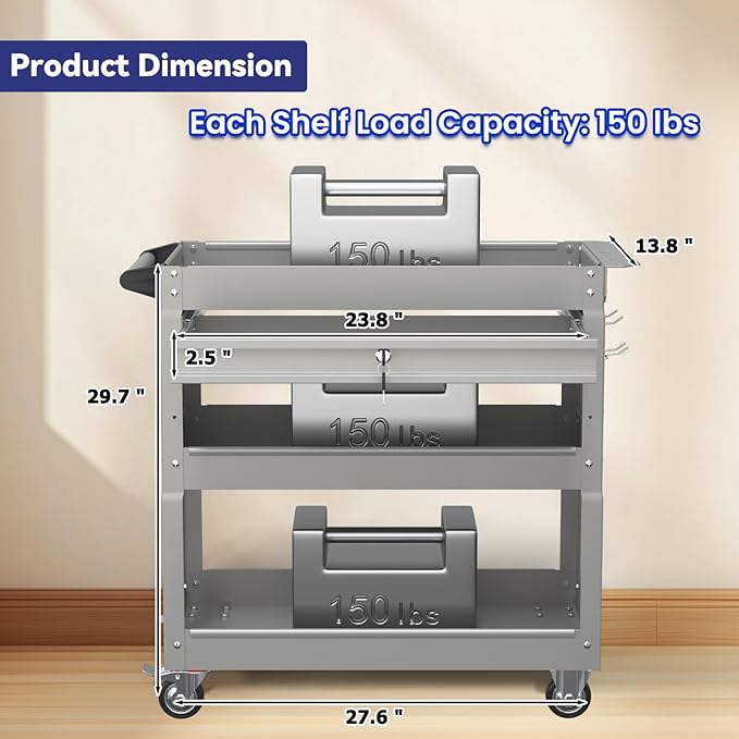 3 Tier Rolling Tool Cart with Drawer, 450 LBS Heavy Duty Utility Cart on Wheels, Service Cart for Garage, Workshop and Warehouse (Gray)