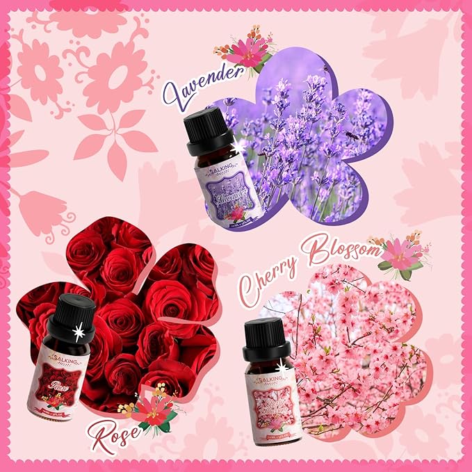 SALKING Floral Essential Oils Set, Premium Pure and Natural Essential Oils, Fragrance Oil Scented Oils for Oil Diffusers 6 x 10 ML - Lavender, Rose, Cherry Blossom, Ylang Ylang, Gardenia, Chamomile
