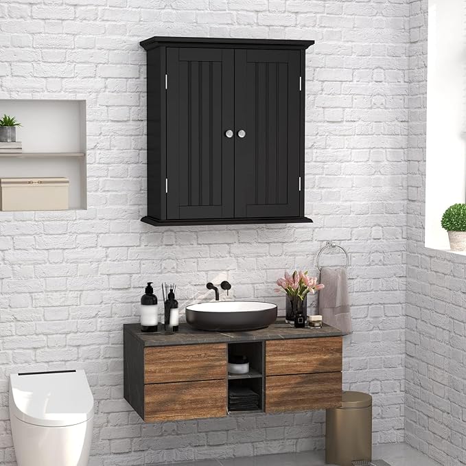 ChooChoo Bathroom Wall Cabinet Set of 2, Over The Toilet Space Saver Storage Cabinet, Medicine Cabinet with 2 Door and Adjustable Shelves, Cupboard, Black