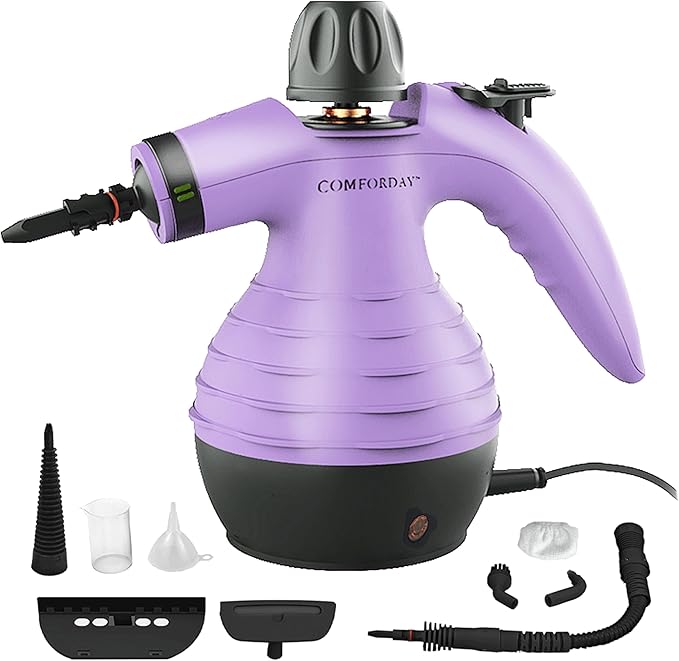 Comforday Multi-Purpose Handheld Pressurized Steam Cleaner with 9-Piece Accessories, Handheld Steamer Perfect for Stain Removal, Curtains, Car Seats, Floor, Bathroom, Window Cleaning (Purple)