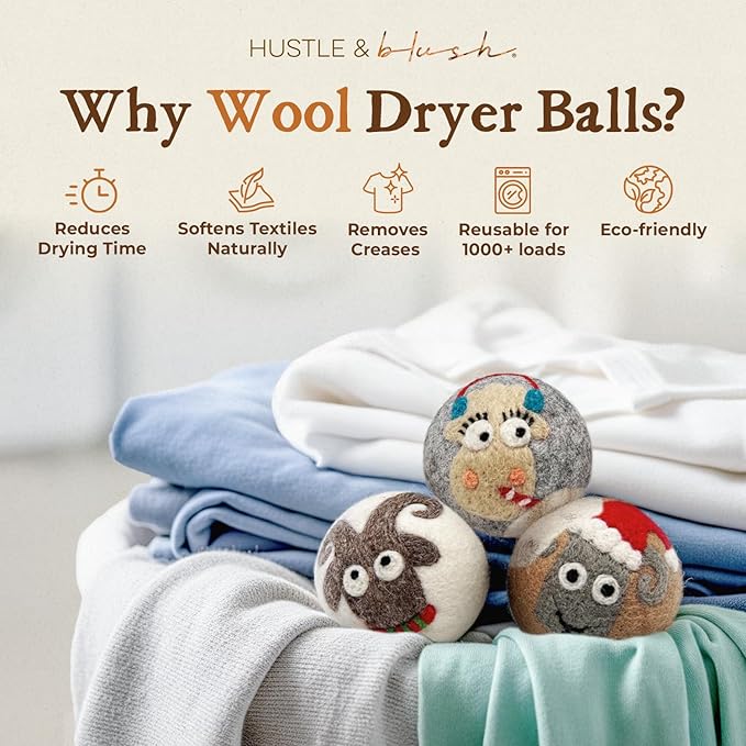 Hustle & Blush Fluff Ewes Wool Dryer Balls 3 Pack - XL Sheep in Heavenly Peace Premium New Zealand Laundry Set, Reduces Drying Time, Static Control, Chemical Free, Ideal Holiday Gifts for Women & Men
