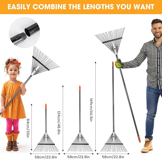 46 HRC Steel Gardening Leaf Rake, 22 Tines 22.8" Wide,Adjustable Split Long Handle 33-67",Suitable for Raking Leaves and Lawn Tidying,Garden rake and thatch rake Suitable for Adults