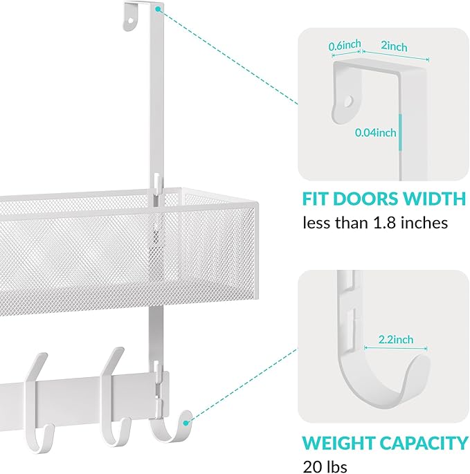 LUCYCAZ Over The Door Hooks Organizer, Door Hanger Storage with Coat Hooks Wreath Hanger & Mesh Basket, Over The Door Towel Rack Door Organizer for Bathroom,Bedroom,Kitchen (White), OVTD01