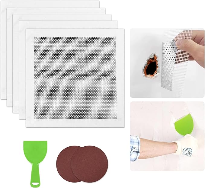 Drywall Repair Kit, 10Inch Drywall Patch Kit Self Adhesive Aluminum Plasterboard Wall Patches Quick Fix Plaster Wall with Scraper for Plaster Roof Drywall Crack Repair (8Pcs Kit)