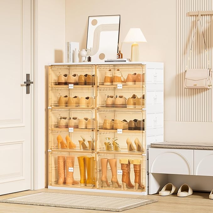 JEKO&JEKO 7-Tier Foldable Shoe Storage Box with Magnetic Doors, Large Stackable Shoe Organizer Cabinet for Entryway, Clear Front Door Shoe Boxes Hold Up to 28 Pairs (White)