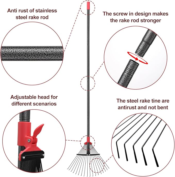 91 Inch Rake for Leaves , Adjustable 18 Tines with Expandable Head 9-18in Grass Rake Heavy Duty Metal Rakes for Women Children Yard Gardener Gardening Grass Debris Lawns