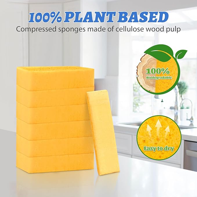 6 Pack Natural Cellulose Pop Up Sponges Biodegradable Eco-Friendly Compressed Sponges Non-Scratch Multi-Use for Kitchen Dishes, Car, Windows Cleaning