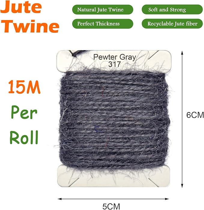 Jute Twine 15m Long Twine String for Crafts Gift Wrapping Packing Gardening Crochet Knitting Macrame Decor (Pewter Gray)