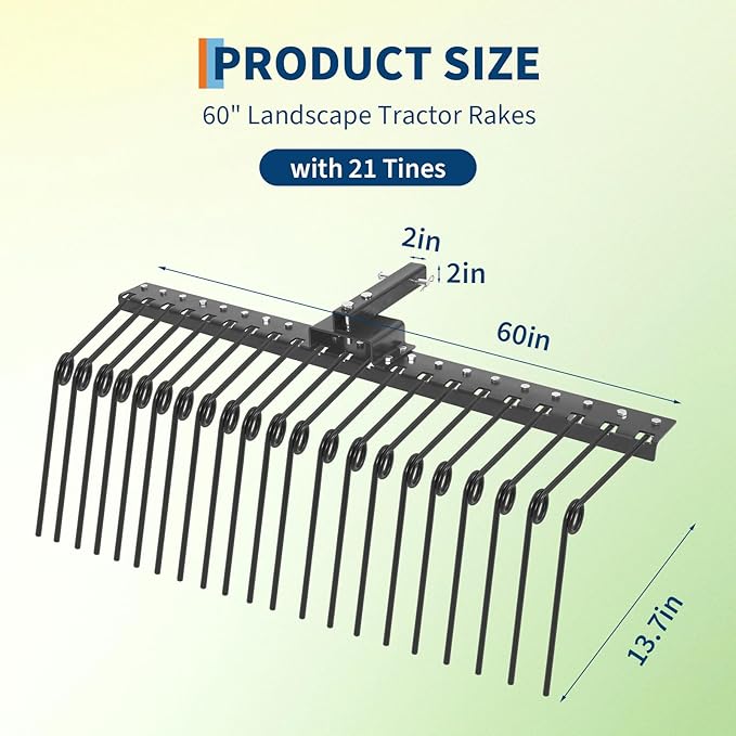 Pine Straw Rake, 60 Inch Landscape Rake for 2" Receiver, Fits Lawn Tractors & ATV/UTV | Heavy-Duty Powder Coated Steel Construction | Yellow