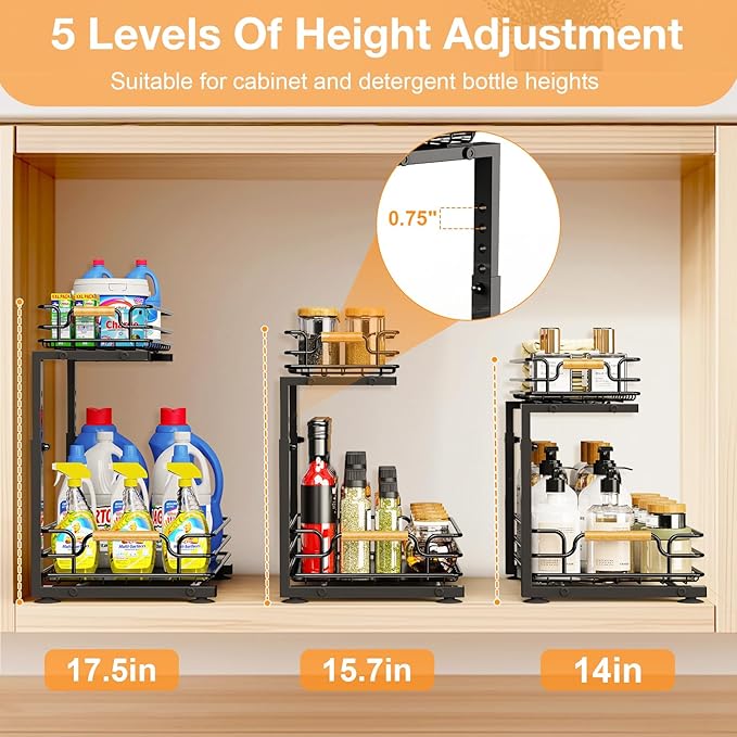 JYPS 2 Pack Under Sink Organizer, 2 Tier Pull out Under Kitchen Bathroom Sink Organizer and Storage, Metal Sliding Drawer for Cabinet Pantry Undersink Organizers Shelf