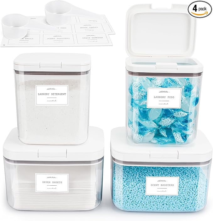 4 Pack Airtight Laundry Detergent Containers & Dryer Sheet Holder with Lids & Scoops, Stackable Laundry Room Organization and Storage for Scent Booster, Powder, Pods