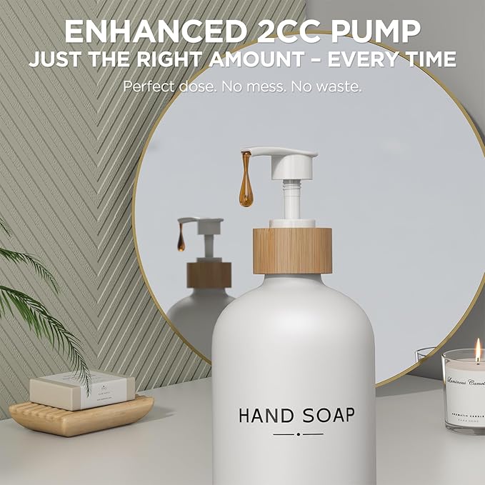 Hand and Dish Soap Dispenser Set,16oz Glass Bottles with Printed Labels, Bamboo Tray & Pump,Countertop Soap Dispensers for Kitchen,Luxury, Minimalist & Farmhouse Decor (Hand Dish (White))