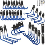 Garage Hook Heavy Duty Wall Storage Hangers, 32 Pack Garage Storage Hooks Steel Tool Blue for Ladders, Ropes, Garden Tools