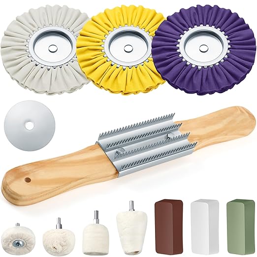 Liliful 12 Pcs 8" Airway Polishing Wheel Kit in Diameter 5/8", Metal Aluminum Buffing Wheel and Polishing Compound and Buffing Drill and Rake Pad for Angle Grinder Mirror Metal Finish(Dark Color)