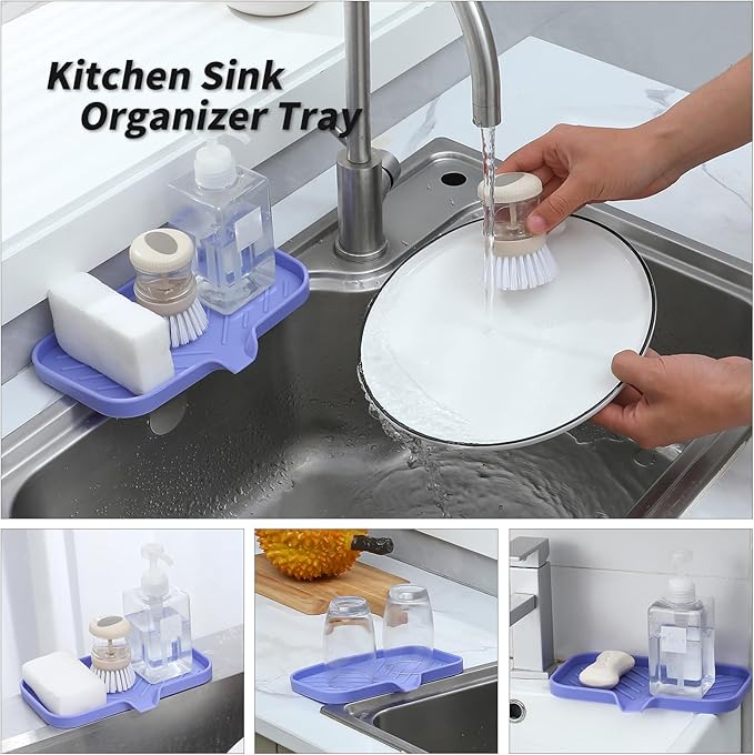 Silicone Bathroom Soap Dishes with Drain Spout-Bathroom and Kitchen Sink Organizer,Sponge Holder,Dish Soap Tray,Perfect for Dispenser,Scrubber,Bottle on Sink or Counter-Light Purple 9.6"×5.3"