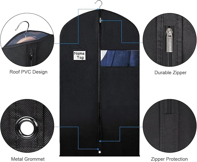 Syeeiex 40" Suit Bag, Set of 5 Garment Bags for Hanging Clothes, Suit Cover Bags for Men or Women, Garment Bags for Suits, Shirts, Sweaters, Jackets - Dustproof and Keep Closet Tidy(Black)