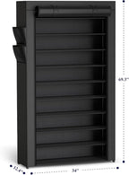 Kitsure Shoe Rack - 10-Tier Large Capacity Shoe Organizer Shelf with Dust Cover & Side Pockets, Rust-Proof Metal Shoe Rack for Closet, Entrance, Living Room, 33.6" x 12.4" x 69.3", Black
