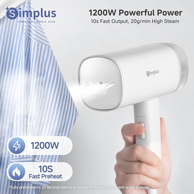 SIMPLUS Travel Steamer for Clothes, Portable Handheld Garment Steamer for Clothing, 10s Fast Heat Up, 170ml Water Tank with Measuring Cup, Small Foldable Fabric Wrinkle Remover for Home, White