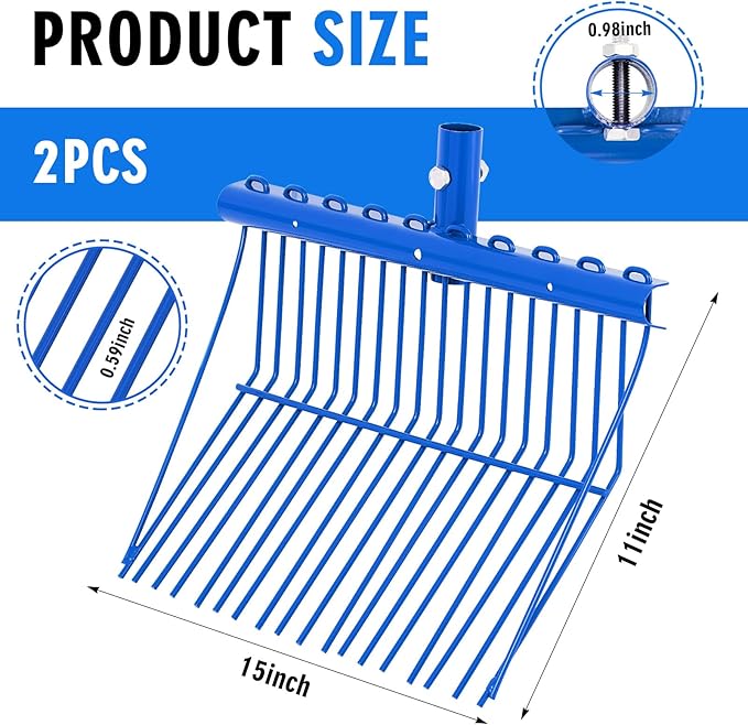 Tandefio 2 Pack Pitchfork Replacement Head Metal Horse Manure Rake Gardening Pitch Fork with Angled Tines for Horse Stall Poop Picking up(Blue)