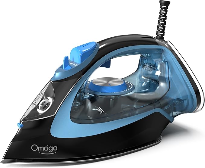 Steam Iron for Clothes, 1750W Clothes Iron Rapid Heating, Non-Stick Ceramic Soleplate, 3-Way Auto-Off, 15.21oz Water Tank, Self-Cleaning, Anti-Drip, Anti-calc Ironing Clothes for Home, Blue