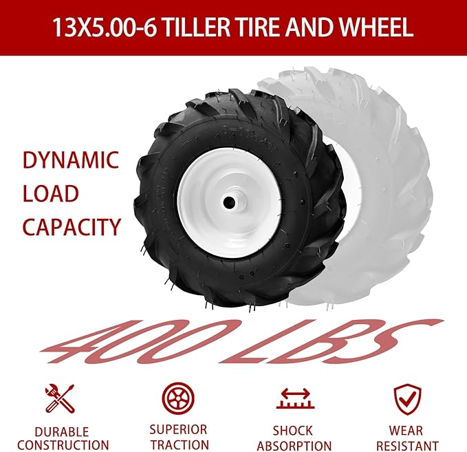 (2 Pack) 13x5.00-6" Tiller Tire and Wheel-Heavy Duty,3/4" Axle & 3-1/8" Centered Hub, Compatible with Craftsman, Troy-Bilt, Lawn Tractors & Tillers – Replacement for Garden, Farm, Landscaping