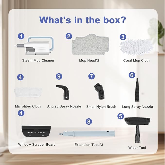 Steam Cleaner, 6 in1 Rotated Steam Mop Cleaner with 2 Modes, 2 Microfiber Pads, 400ML Removable Tank, 23FT Power Cable, Detachable Steam Mops for Floor, Laminate Floor, Tiles Cleaning (Light Blue)