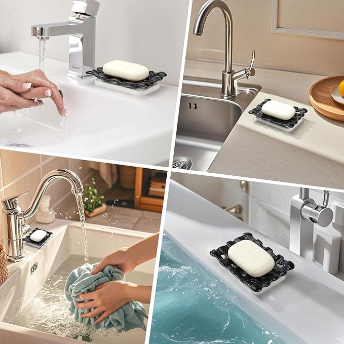 Shinowa Self Draining Soap Dish, Dual Layer Soap Container, Woven Ceramic Soap Tray + Diatomaceous Earth Base, Dish Soap Holder for Kitchen, Bathroom, Shower, Quickly Drain Water, Easy to Clean