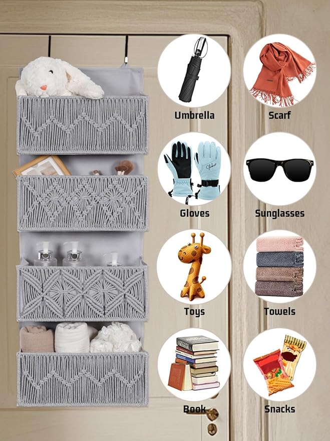 Macrame Over the Door Organizer Boho Decor Nursery Storage, Leaf Weaving Closet Storage, 4 Hanging Pockets, Behind Door for Bathroom, Bedroom,Grey
