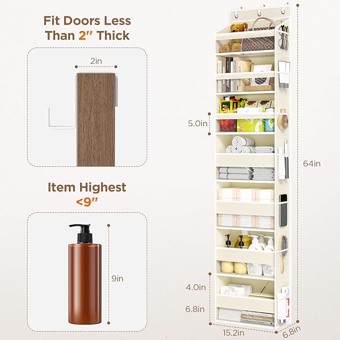Over The Door Organizer, 7 Tier Door Hanging Organizers with 7 Large Pockets 12 Side Pockets, Behind Door Storage Hanging Shelves for Closet Bathroom Bedroom Nursery