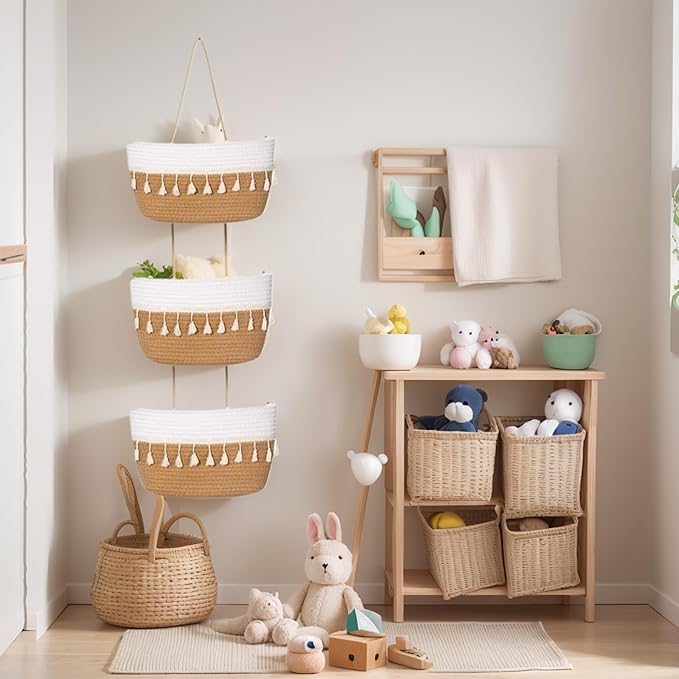 Hanging Baskets for Organizing,3-Tier Woven Cotton Wall-Mounted Storage Organizer Bag Decorative,Kitchen,Living Room,Bedroom,Nursery