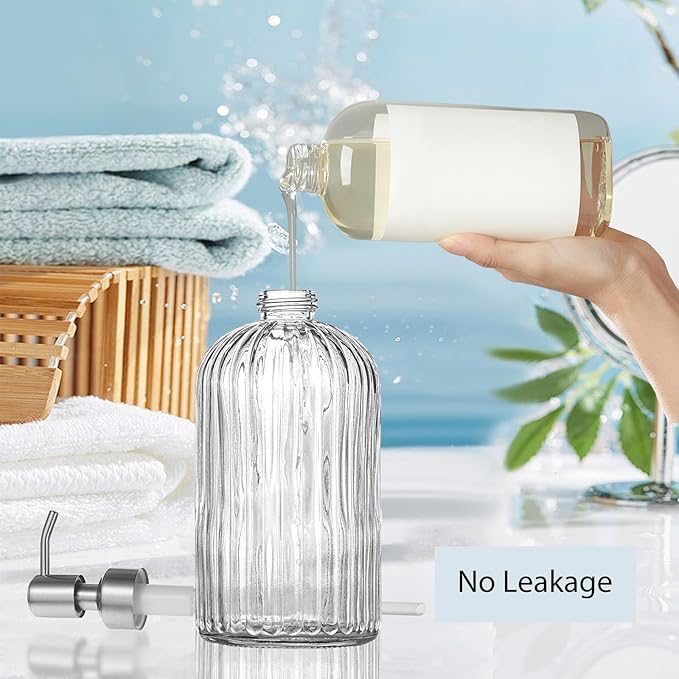 14Oz Clear Soap Dispenser Bathroom, Glass Hand Soap Dispensers with Stainless Steel Pump, Refillable Dish Soap Dispenser for Kitchen, Countertop Soap Dispensers