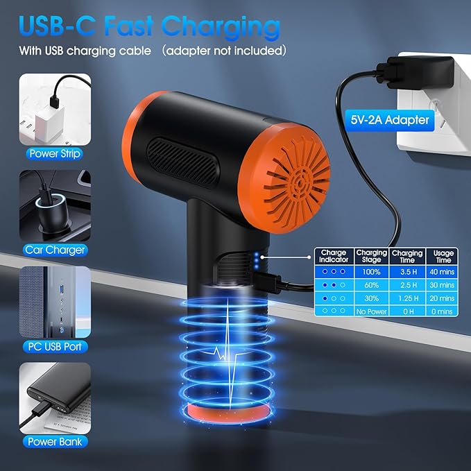 Compressed Air Duster, 100000RPM Handheld Car Vacuum/Air Blower& Pump, 3 Gear Adjustable Electric Air Duster/Car Vacuum Cleaner, Keyboard Duster with LED Light-10 Kits Air Blower for Computer(Orange)