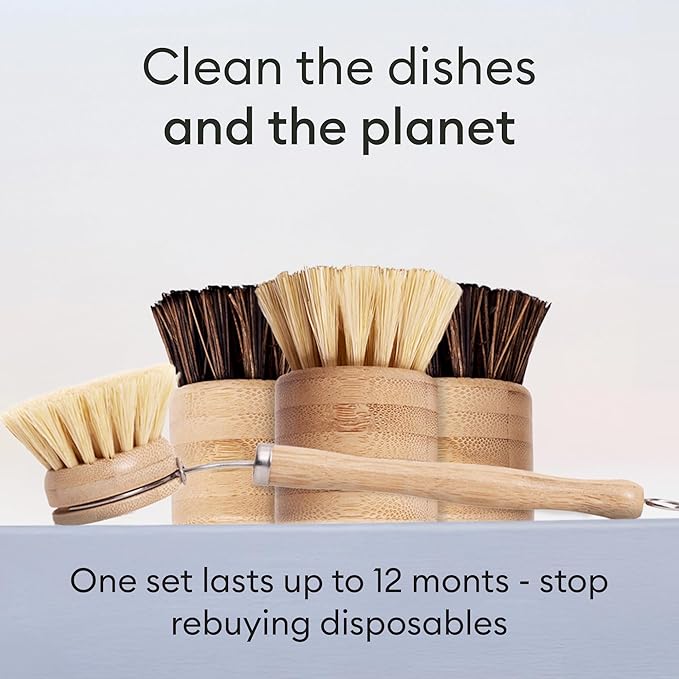 Vove Dish Brush Bundle - FSC-Certified Bamboo Dish Brush & Scrub Brush, 3 Replacement Heads - Natural Fiber Bristles - Non-Toxic, Plastic-Free Kitchen Set