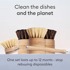 Vove Dish Brush Bundle - FSC-Certified Bamboo Dish Brush & Scrub Brush, 3 Replacement Heads - Natural Fiber Bristles - Non-Toxic, Plastic-Free Kitchen Set