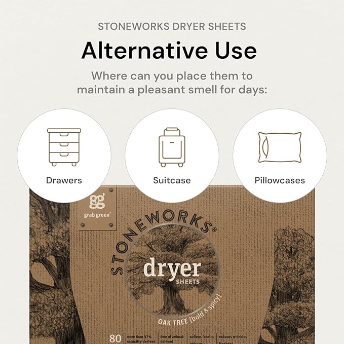 Grab Green Stoneworks Cruelty-Free Dryer Sheets | Softens Fabrics, Freshens Clothing & Reduces Static-Cling and Wrinkles | Plant Based | Olive Leaf Scent (80 Sheets)