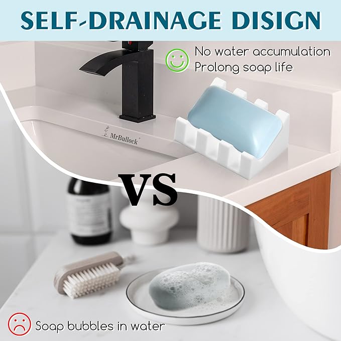 Silicone Soap Dish for Bar Soap Holder for Shower Bathroom Self Draining Waterfall Drying Tray Keep Soap Bars Dry Clean & Easy Cleaning (Black White, 2)