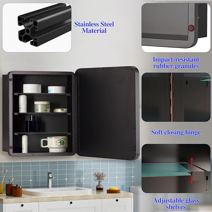 Bathroom Medicine Cabinet,24"x24" Square Mirror Door with Stainless Steel Frame,Recessed & Surface Wall Cabinet with Glass Shelves, Rust-Resistant Bathroom Storage Cabinet