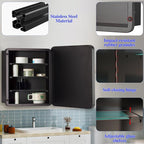 Bathroom Medicine Cabinet,24"x24" Square Mirror Door with Stainless Steel Frame,Recessed & Surface Wall Cabinet with Glass Shelves, Rust-Resistant Bathroom Storage Cabinet