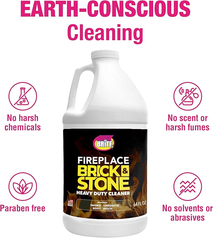 Quick N Brite Fireplace Gel Cleaner with Scrub Brush for Brick, Stone, Rock, Tile, and Marble, Nonabrasive Fireplace Cleaner, Made in the USA, 64oz