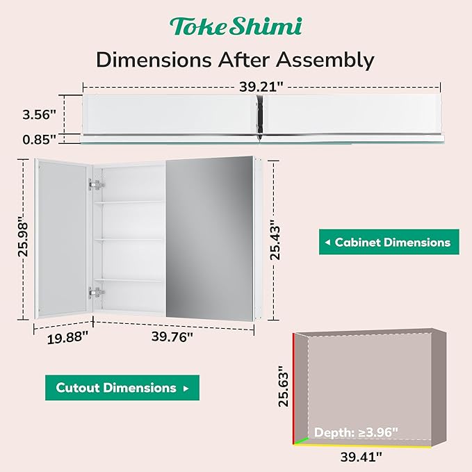 TokeShimi 40x26 Bathroom Medicine Cabinet with Mirror Tempered, Aluminum White Mirrored Medicine Cabinet Recessed or Surface Mount with Adjustable Storage Metal for Modern Farmhouse