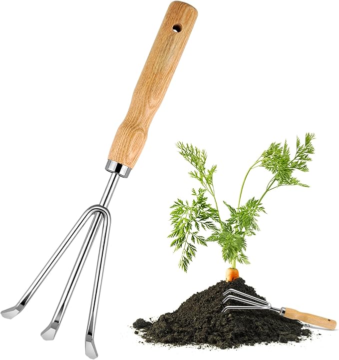 Metal Hand Cultivator Garden Tool with Wooden Handle，Manual Pitch Fork，Weed Digger Hand Tool (StyleB- 3 Pointed)