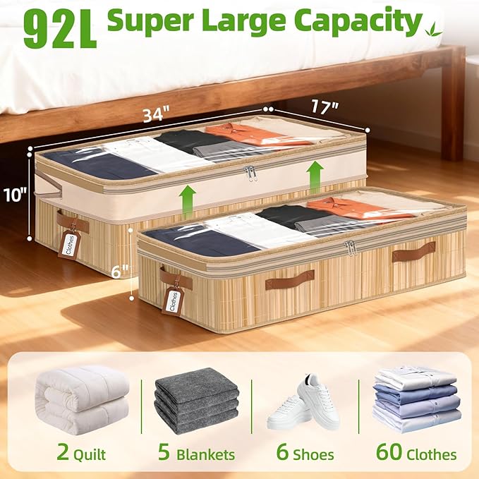 Livole 2 Pack Bamboo Under Bed Storage, 6-10 inches Height Adjustable Underbed Storage Containers, 92L XXXL Large Under Bed Storage Bins with Clear Lid & Label for Clothes, Blankets, Sweater, Shoes