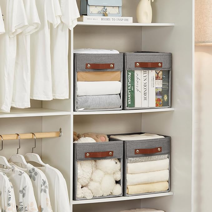 Storage Cube Organizer with Clear Window, Linen Collapsible Storage Boxes with PU Handles, Cube Storage Bins for Shelf, Closet, Cabinet, Bookcase (10.5x10.5x11, Gray)