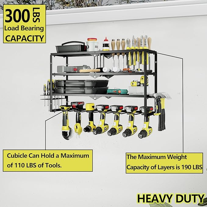 AZERPIAN Tool Organizer Heavy Duty Power Wall Mount for Drill and Cordless Tools Heavy Duty Rack for Garage Organization Workshop Pegboard (3 Layers 7 Slots)